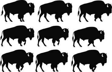 Bison silhouette collection, American buffalo vector, wild animal icons, wildlife clipart, nature graphic, buffalo walking poses, black bison art