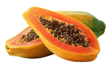 Two halves of a papaya fruit, close-up.  The flesh is orange-red, and the seeds are dark brown.  The skin is a light orange-yellow