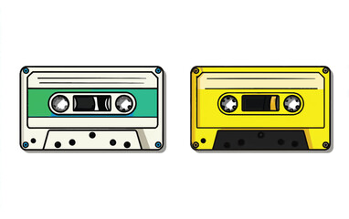Fototapeta premium Nostalgic vintage audio cassette tapes in green and yellow color representing the retro music listening era and analog sound experience