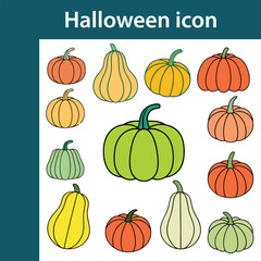 Collection of colorful hand drawn halloween pumpkins and gourds in various shapes and sizes