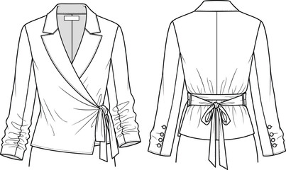 Women’s wrap blazer with tie waist and button sleeve detail, fashion flat sketch front and back view, vector technical illustration © Obaidul Vector Zoon