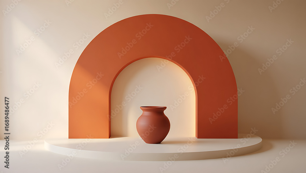 Poster a terracotta vase sits on a white circular platform within a large orange archway, bathed in soft su