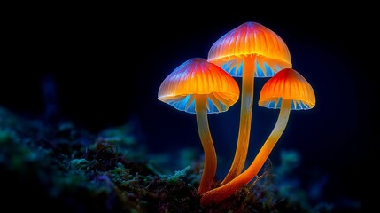 Glowing Fungi Cluster Against Black, Illuminating the Forest Floor with Ethereal Bioluminescence