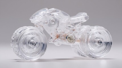 Futuristic Transparent Motorcycle Model, Clear Plastic Vehicle Sculpture on Neutral Background, Detail and Precision.