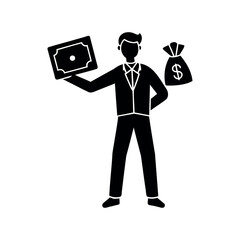 A confident businessman displays cash and a money bag, symbol of wealth