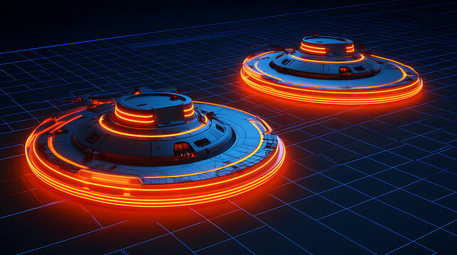Futuristic Hovercrafts with Glowing Orange Lights on a Grid Surface