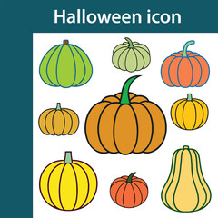 Collection of colorful hand drawn halloween pumpkins and gourds in various shapes and sizes for autumn decoration