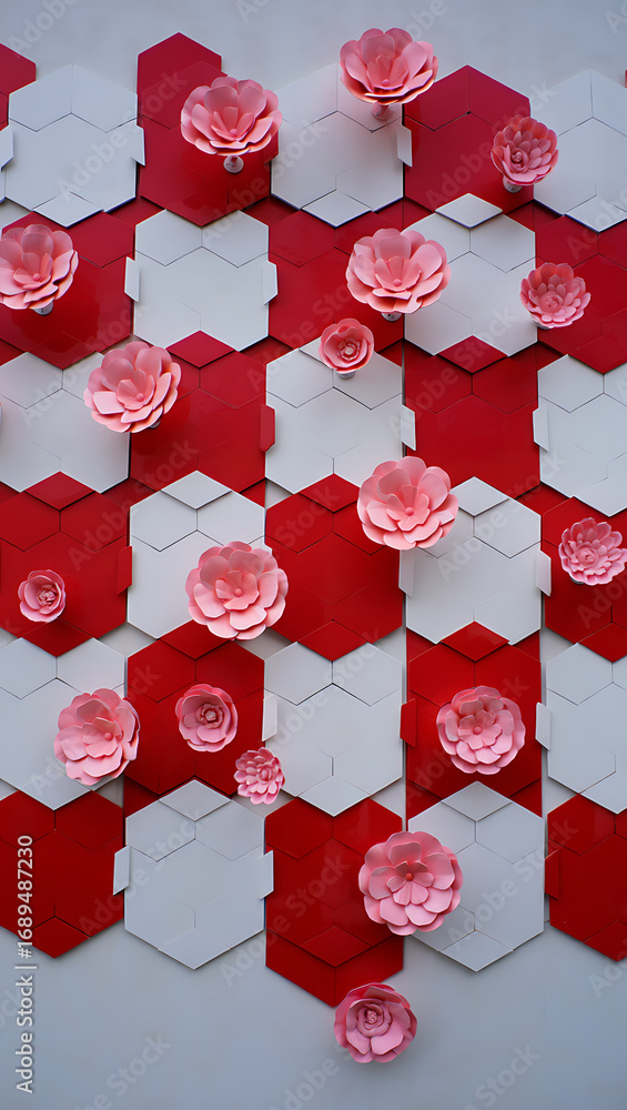 Poster a vertical arrangement of red and white hexagons with pink paper flowers scattered across them, crea