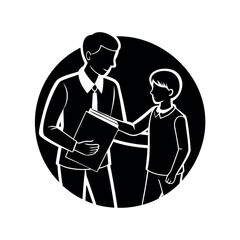 Black and white vector illustration of a teacher helping a student