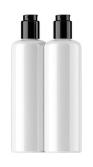 Two identical white plastic bottles with black caps