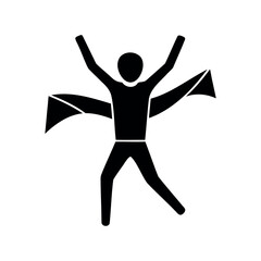 Silhouette of a triumphant person breaking through a finish line ribbon
