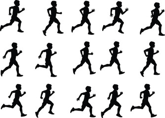 Silhouettes of running boys in various poses, children running, kids exercise, jogging silhouettes, active boys, outdoor fitness, running kids collection, healthy lifestyle, movement, sport