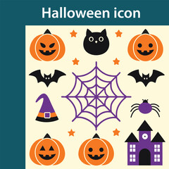 Collection of cute cartoon halloween icons including pumpkins bats spider web witch hat haunted house and black cat
