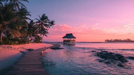Tropical beach with palm trees and a dock leading to a gazebo at sunset