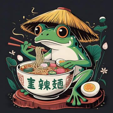 Cute frog wearing a conical hat eating ramen noodles with chopsticks, cartoon style