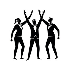 Three business people celebrating success with arms raised in the air triumphantly