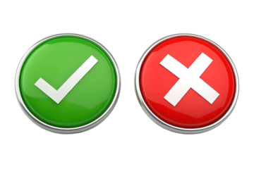 Green check mark and red cross symbols isolated on white background