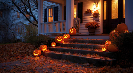 Obraz premium a photo of the front steps and porch of an american house decorated with pumpkins for halloween, with leaves scattered around