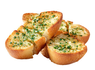 Toasted garlic bread slices, golden brown, buttered, garnished with fresh herbs