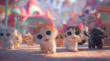 Cute Cartoon Kittens Playing on Colorful Playground 