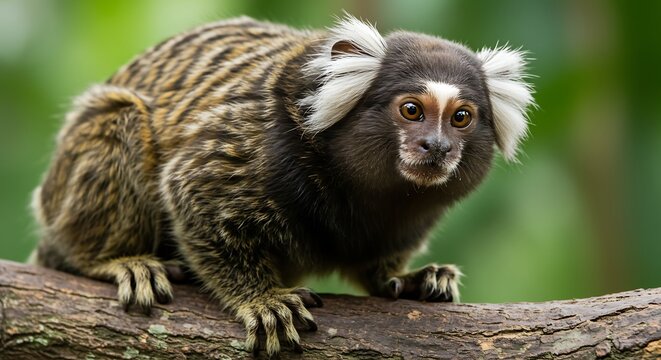 Close up of a marmoset monkey sitting on a branch.