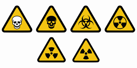 Set of warning signs with a skull, biohazard, radioactive and fallout symbols in yellow triangle sign vector illustration
