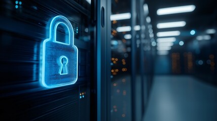 Holographic glowing blue padlock icon digital security data protection server room cyber safety technology futuristic encryption network illuminated
