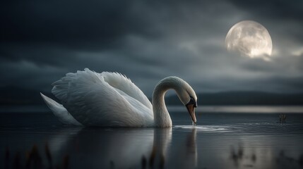 Majestic Swan at Night: Graceful Bird Reflected in Still Water Under a Moonlit Sky, a Symbol of Beauty and Tranquility
