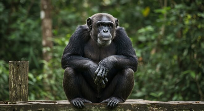 Chimpanzee sitting and looking at the camera in the forest.