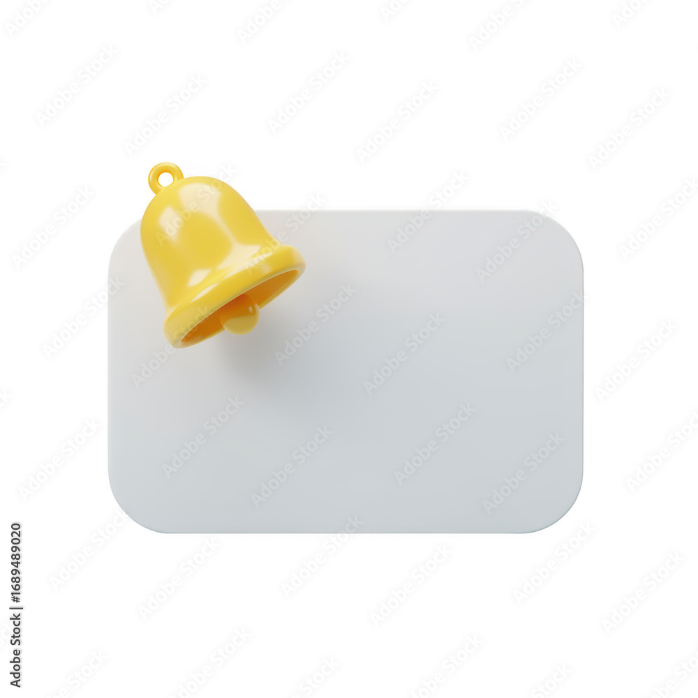 Poster yellow notification bell icon on a white rectangular shape isolated on transparent background