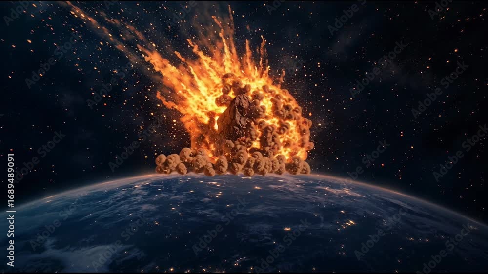 Poster fiery asteroid entering earth's atmosphere, burning brightly and exploding into a large cloud of deb