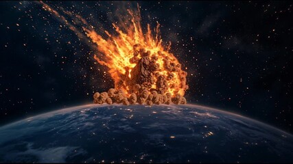 Fiery asteroid entering earth&#x27;s atmosphere, burning brightly and exploding into a large cloud of debris and dust against the backdrop of the universe and stars