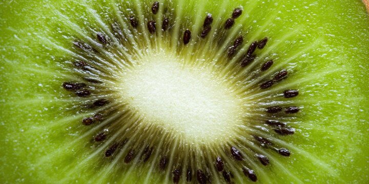Detailed close-up of a kiwi slice reveals the vibrant green fruit and seeds.