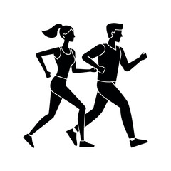 Black silhouette illustration depicting a man and woman jogging together outdoors