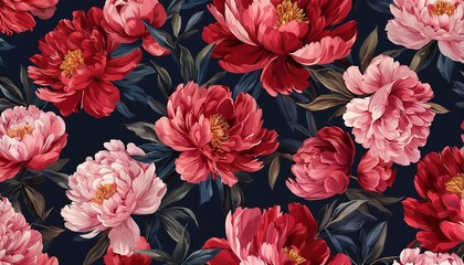 a dark floral pattern featuring richly colored red and blush pink peony blooms with lush green foliage.