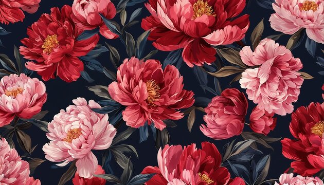 a dark floral pattern featuring richly colored red and blush pink peony blooms with lush green foliage.