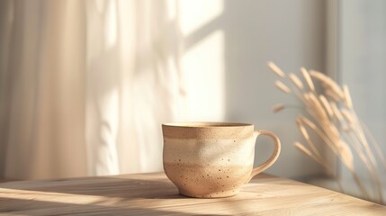 Light beige ceramic mug on wooden table