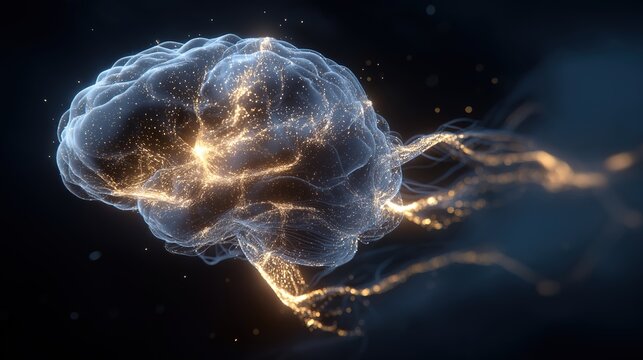 An abstract visualization of a human brain silhouette with intricate, glowing neural pathways on a dark cosmic background.