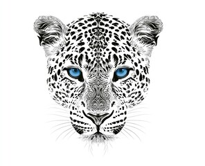 Intriguing close-up portrait of a majestic snow leopard, its striking black and white spotted coat contrasted by intense, vibrant blue eyes, showcasing intricate decorative patterns, creating a...