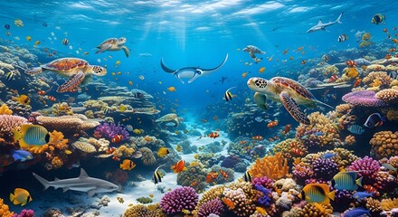 Vibrant coral reef teeming with diverse marine life under clear blue ocean waters.