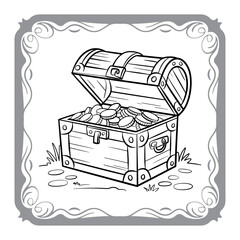 Monochrome Treasure Chest Overflowing with Coins within an Ornate Border A Timeless Illustration of Wealth and Adventure