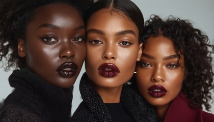 three strikingly beautiful women with varying skin tones and hairstyles pose closely together, each showcasing a deep berry-toned lipstick and elegant, understated makeup.