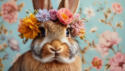 a charming brown rabbit with bright blue eyes wears a delicate floral crown against a softly patterned background.