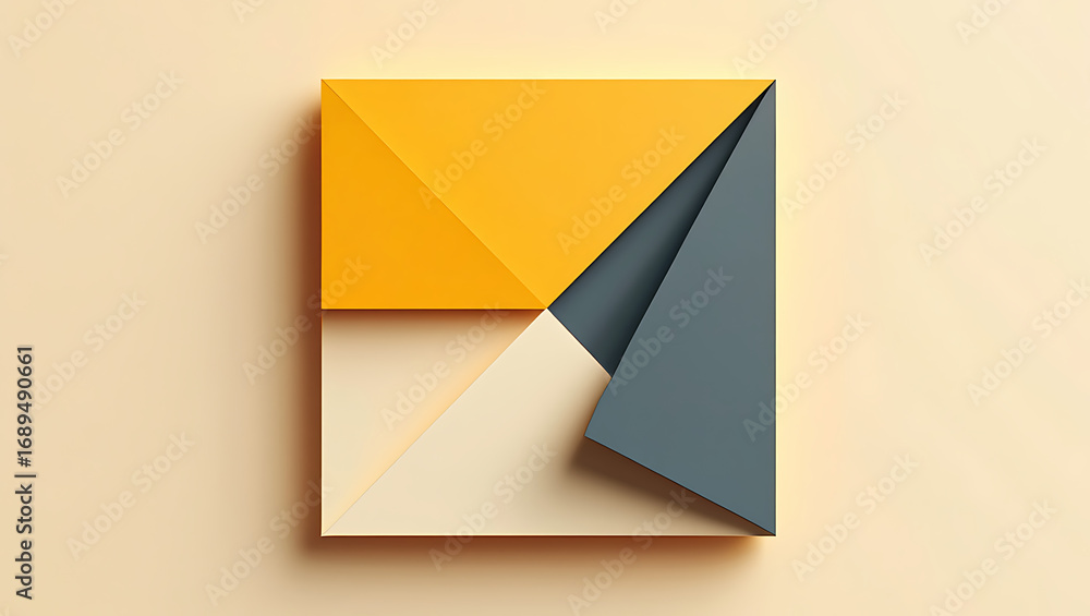 Fototapete abstract geometric composition with four triangular shapes in yellow, grey, and cream colors, arrang