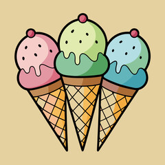 Three Colorful Ice Cream Cones
