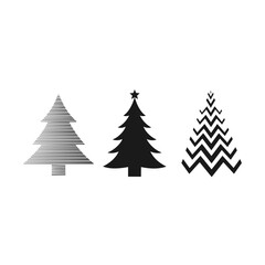 Three distinct stylized christmas tree illustrations showing different artistic textures and shapes for festive holiday design concepts