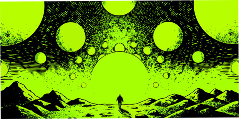 Lone figure walks through alien landscape under a sky filled with glowing celestial bodies and abstract patterns