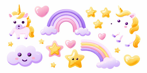 Charming collection of cute cartoon unicorns rainbows clouds and stars in pastel colors