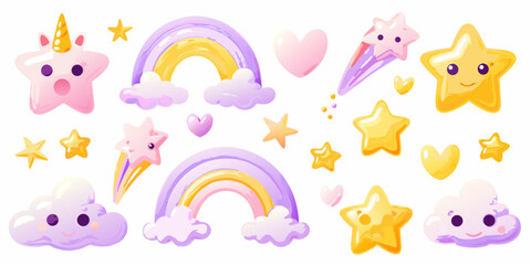 Collection of cute kawaii style unicorn stars rainbows clouds and hearts for kids