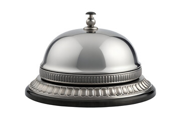 A highly polished, classic silver service bell stands ready on a pristine white background, symbolizing prompt attention, hospitality, and efficient customer service